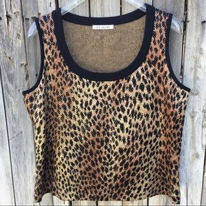 St. John Leopard Print Sleeveless Sweater Vest Santana Knit Brown Black L